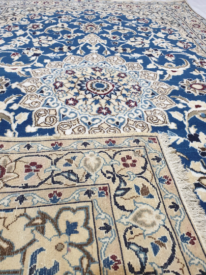 6×4 Persian Blue Nain Wool and Silk Area Floor Rug Handmade HighEnd Hand Knotted