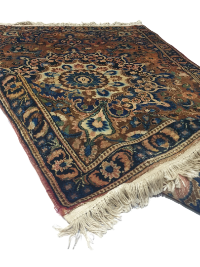 Used 1980s Persian Mashadi Vintage Wool Rug Brown Blue 5×3 Handmade 204 KPSI