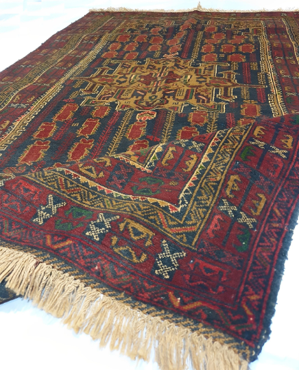 Afghan Baloch 7×4 Handknotted Red Black Oriental 90 KPSI Handmade 100% Wool Rug
